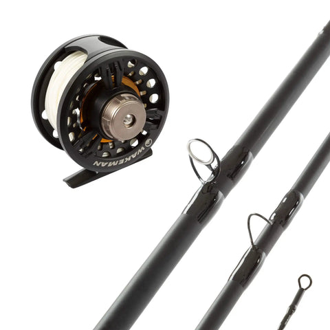 Backpacking Ready 3 Piece Fly Fishing Rod And Reel Starter Kit With 97 Inch Collapsible Fiberglass Rod And Cork Handle Case And Accessories For Travel, close-up of rod sections and reel.