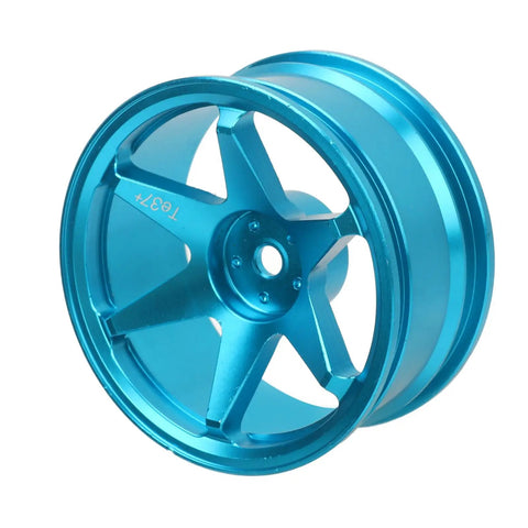 Close-up of Beefed Up CNC Machined Aluminum RC Wheel Hubs For 1X10 Scale Cars in rugged blue, showing 5-spoke design