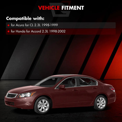 Red Honda Accord sedan front-side view with compatibility information for Acura CL 1998-1999 and Honda Accord 1998-2002.