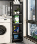 5-Tier Metal Standing Storage Shelves On Wheels With Height Adjustable Racks next to a washing machine, loaded with cleaning supplies.