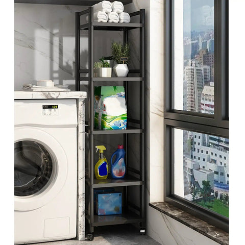 5-Tier Metal Standing Storage Shelves On Wheels With Height Adjustable Racks next to a washing machine, loaded with cleaning supplies.