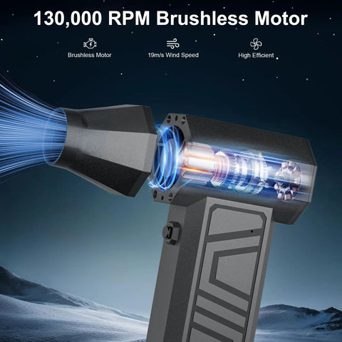 Cordless Air Duster Mini Blower With 130000 RPM Turbo Jet Fan And 4 Gear Adjustable Power showing internal components and airflow