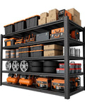 Heavy Duty Garage Shelving Units With Built Tough Storage Rack And Beefed Up Black Metal Frame For Garages And Workshops Supporting 5000 Lbs Load Across Five Rock Solid Tiers filled with bins and tools.