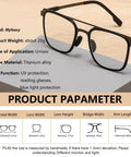 Unisex titanium alloy reading glasses with UV and blue light protection, detailed size and material specs displayed