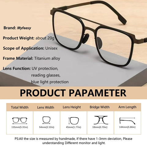Unisex titanium alloy reading glasses with UV and blue light protection, detailed size and material specs displayed
