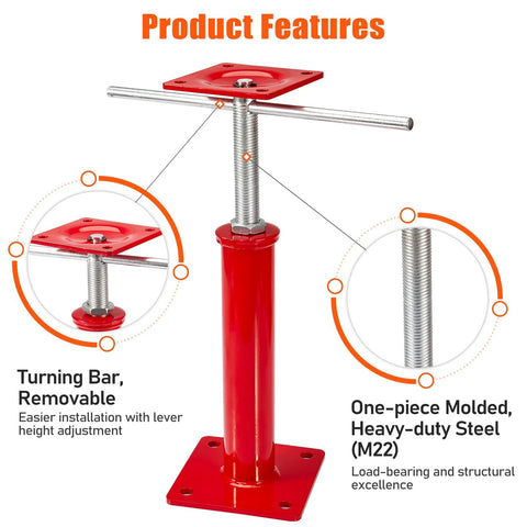 Crawlspace leveling jacks, 4-pack, red base with threaded steel post and turning bar, height 11–16 inches