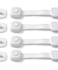 Outsmart All-Purpose Multi-Use Strap Four Pack White Kidproof Locking Straps For Cabinets Doors Drawers Easy Install without Drilling Hidden Buttons and Flexible Surface to Keep Curious Kids Safe