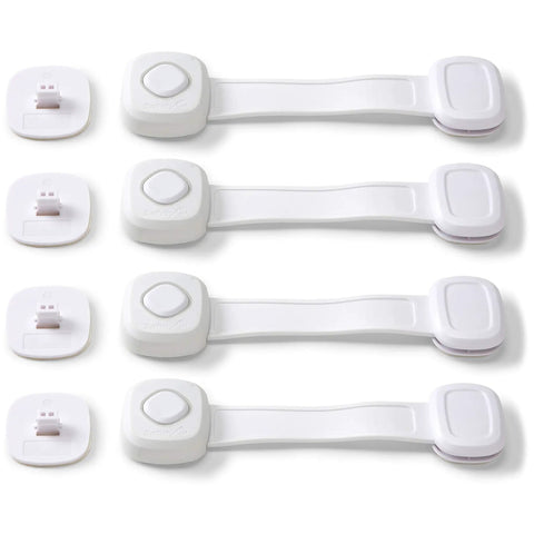 Outsmart All-Purpose Multi-Use Strap Four Pack White Kidproof Locking Straps For Cabinets Doors Drawers Easy Install without Drilling Hidden Buttons and Flexible Surface to Keep Curious Kids Safe
