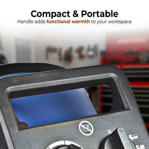 Close-up of Heavy Duty 5000W 240V Industrial Space Heater handle in steel cabinet with thermostat, in workshop.