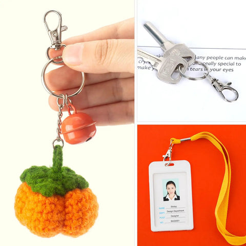Heavy Duty Metal Lobster Claw Clasp Set With Key Rings And Clips For Crafting with crocheted pumpkin, keys, ID badge