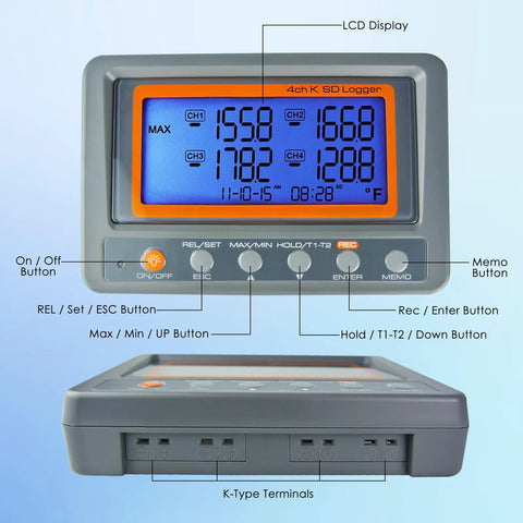 All In One 4 Channel K Type Thermocouple Thermometer Data Logger With 8GB SD Card Programmable Temperature Recorder Alarm Function Includes Two Probes Rugged And Ready For Lab Or Field Use with LCD display and buttons