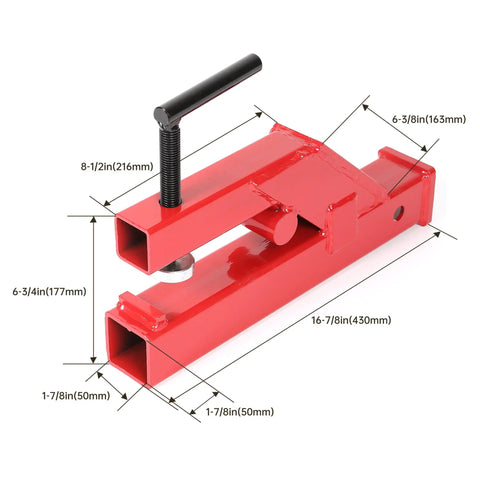 Beefy Clamp On Trailer Hitch For 2 Inch Receivers, Heavy Duty Bucket Lip Clamp, Red Finish with Dimensions for Skid Steer Buckets
