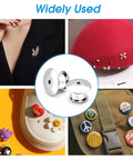 Hella Durable 40 Pack Locking Pin Back Keepers With A Rock Solid Spring Loaded Latch Nickel Plated Copper Clasp shown on clothing and accessories.