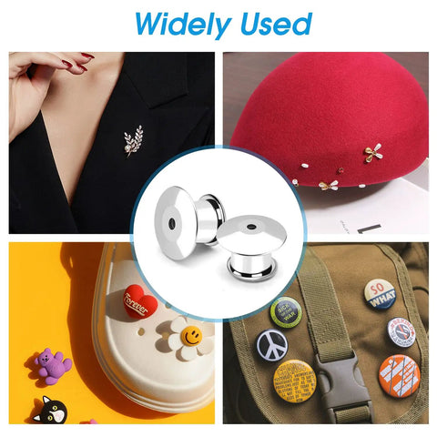 Hella Durable 40 Pack Locking Pin Back Keepers With A Rock Solid Spring Loaded Latch Nickel Plated Copper Clasp shown on clothing and accessories.