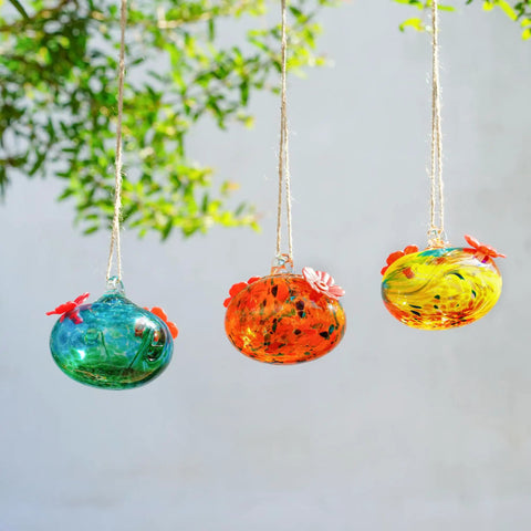 Set Of 3 Small Blown Glass Hummingbird Feeders For Outdoors Hanging With 2 Flower Feeding Ports 3 Inch Glass Hummingbird Feeders Garden Decor For Outside