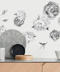 Easy Peel And Stick Black And White Peony Watercolor Wall Decals Set Of 8 for Bedroom and Living Room over sideboard
