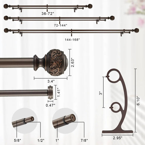 1 Inch Double Curtain Rod Telescoping Set For Windows 72 To 144 Inches, Classic Ball Finials, Premium Aluminum Brackets, Antique Bronze Finish