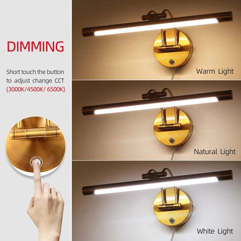 Dimmable Brass Vanity Light Over Mirror 16 Inch Plug In Rotatable Wall Sconce with color temperature options in warm, natural, white