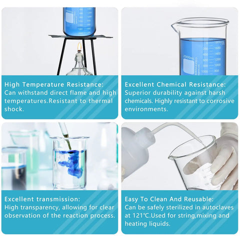 Heavy Duty 1000 mL Glass Beaker With White Double Scale Graduation Borosilicate 3.3 Lab Beaker Built Tough For Chemistry Labs And Everyday Lab Use showing chemical resistance and usage
