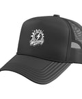 Black Trucker Hat With Distressed Mechanical Gear And Lightning Bolt Gauge Graphic For Mechanics, Featuring Vintage Automotive Repair Aesthetic And Adjustable Mesh Back Fit For Car Guys, front view with warranty graphic.