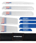 WORKPRO 32-piece reciprocating saw blade set in front view with white/blue blades and black organizer pouch