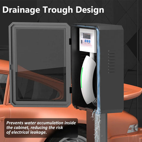 Heavy Duty Outdoor Electric Vehicle Charger Protector With All Weather Waterproof Steel Cage And Wall Mount Smart Cord Hook Keeping Your Rig Slick And Secure Year Round, showing drainage trough design.