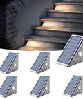 Motion Sensor Solar Waterproof LED Lights for Outdoor Stairs and Pathways highlighting warm white 3000K glow, easy install 6 pack