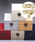 Gold Retro Mini Metal Hasp Decor DIY Kit For Wood Boxes And Suitcases, shown on colorful fabric-covered boxes