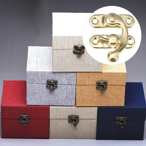 Gold Retro Mini Metal Hasp Decor DIY Kit For Wood Boxes And Suitcases, shown on colorful fabric-covered boxes