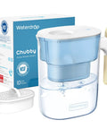 PT04B Water Filter Pitcher With 10 Cup Capacity NSF Certified shown with blue body, wooden handle, and filter pack.