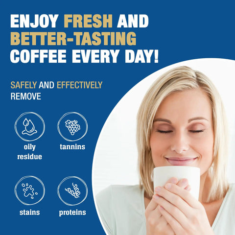 Woman enjoying coffee with text highlights benefits of Coffee Maker Cleaner Two Pack 12 Oz Bottles Removes Stains And Oily Residue