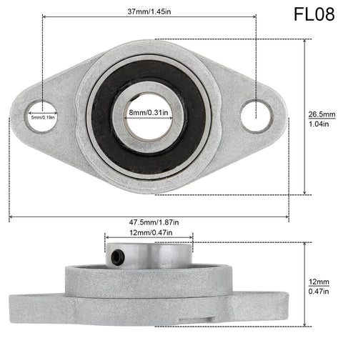 Four KFL08 flange-mounted pillow block bearings with 8 mm bore, silver metal housing, front and side views.