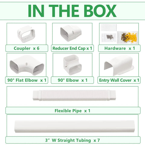 Contents of 3in 25ft Decorative PVC Line Set Cover Kit for Ductless Mini Split Central AC and Heat Pump Systems Conceal Condenser