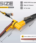 Deep Reach Air Belt Sander For Metal Working And Weld Removal, Mini Pneumatic Belt Grinder With Two 10mm By 330mm Belts.
