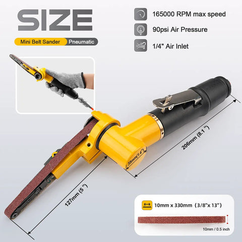 Deep Reach Air Belt Sander For Metal Working And Weld Removal, Mini Pneumatic Belt Grinder With Two 10mm By 330mm Belts.