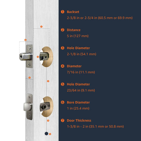Heavy Duty Front Door Lock Set With Smooth Gliding Shelby Lever And Keyed Cylinder Entry backset and hole measurements diagram.