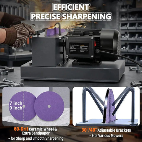 Supercharged 750W Electric Lawn Mower Blade Sharpener Bench Grinder with 7 and 9 inch ceramic wheels for precise sharpening.