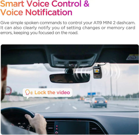 Driver using voice control for 2K Dash Cam With 60FPS HDR Dope Night Vision STARVIS 2 Sensor 5GHz Wifi GPS Voice Control 24 Hour Parking Mode Supercapacitor Compact Mini Design No SD Card Included mounted on rear-view mirror.