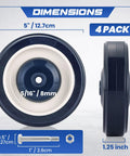 Side and front view of Built To Haul Heavy Duty 5 Inch Caster Wheels for Shopping Carts Replacement Set of 4 dimensions shown