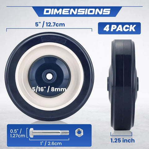 Side and front view of Built To Haul Heavy Duty 5 Inch Caster Wheels for Shopping Carts Replacement Set of 4 dimensions shown