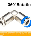 Stainless Steel Quarter Inch Tube Push To Connect Fittings 90 Degree Elbow Quick Connect for air line, shown in 360-degree rotation.