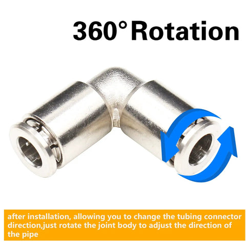 Stainless Steel Quarter Inch Tube Push To Connect Fittings 90 Degree Elbow Quick Connect for air line, shown in 360-degree rotation.