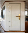 Boat hatch door with Heavy Duty Flat Strap Hinge Symmetrical Marine Grade 316 Stainless Steel for rust resistance.