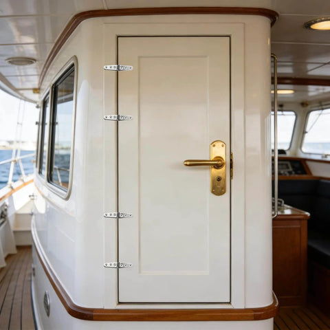 Boat hatch door with Heavy Duty Flat Strap Hinge Symmetrical Marine Grade 316 Stainless Steel for rust resistance.