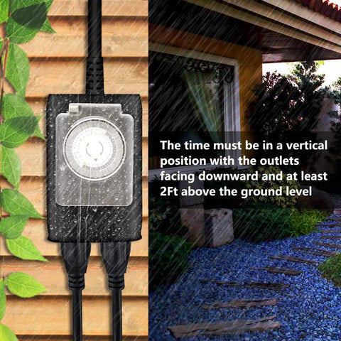 Set It And Forget It 24 Hour Mechanical Timer Outlet For Outdoor Lights on wall, waterproof design with grounded plug for garden use.