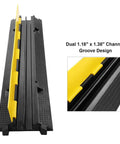 Three Pack Dual Channel Rubber Cable Protector Ramp for Driveways and Floors, close-up of two-channel black and yellow design