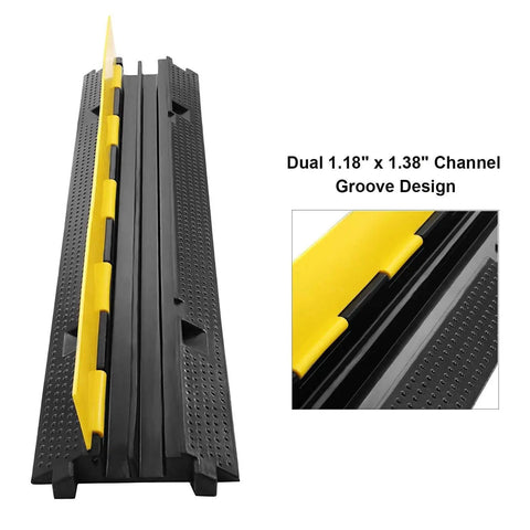 Three Pack Dual Channel Rubber Cable Protector Ramp for Driveways and Floors, close-up of two-channel black and yellow design