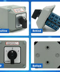 Front, back, top, and bottom view of 25A Rotary Changeover Switch in exterior box for solar power system with 3 positions and 12 terminals.