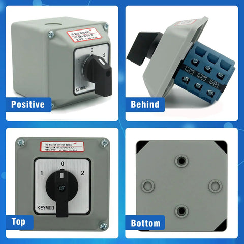 Front, back, top, and bottom view of 25A Rotary Changeover Switch in exterior box for solar power system with 3 positions and 12 terminals.