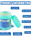 No Clean Solder Paste Flux For Dope Eco Friendly Electronics Soldering Pro Grade For CPU Disassembly And Assembly BGA And SMD PCB Repair Lead Free Acid Free Low Odor Safe And Non Toxic Environmentally Friendly 5.15oz 146g with open lid showing product details.